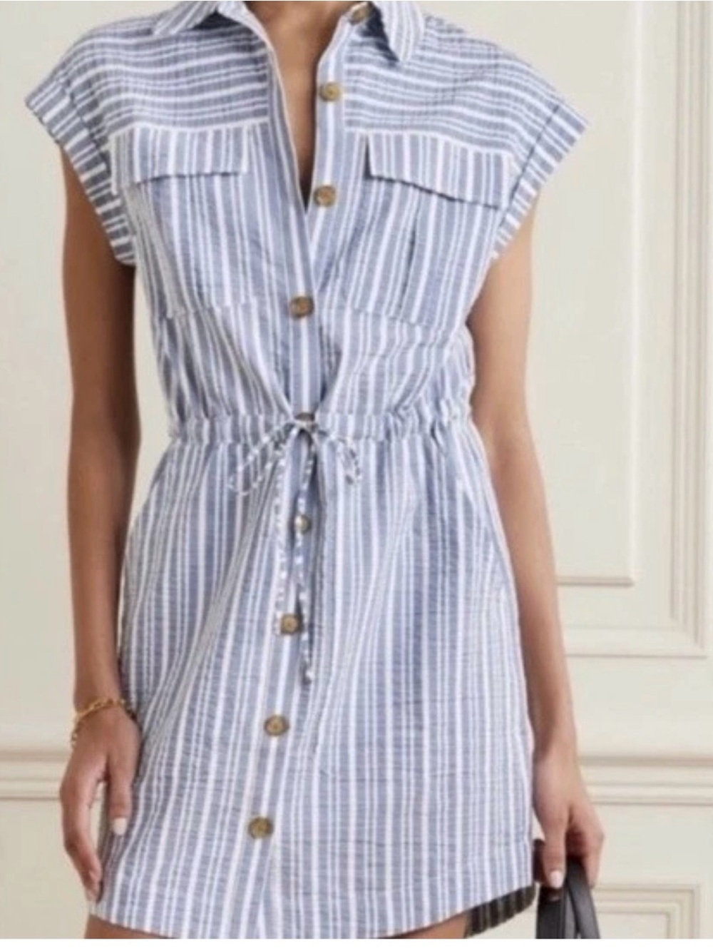 Veronica Beard Cris Striped Shirt Dress Seeesucker Womens Large Blue White